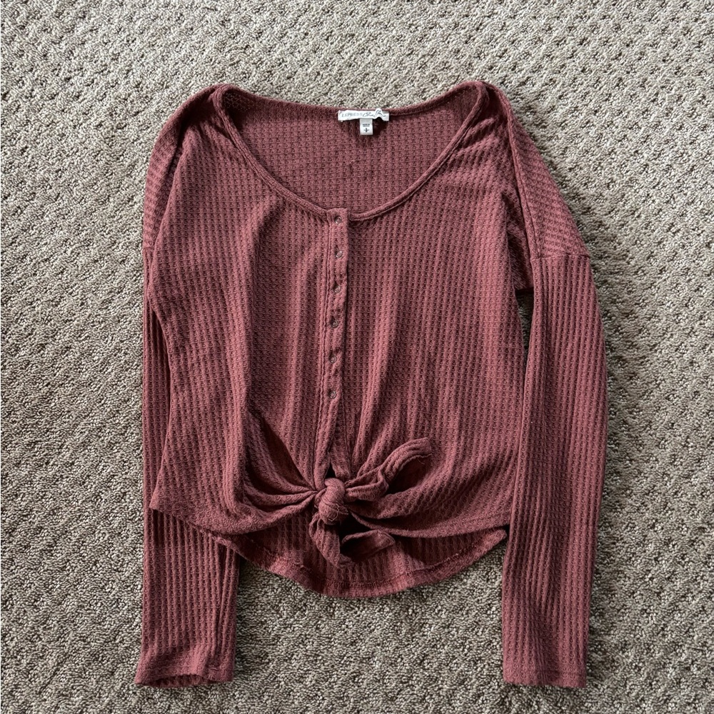 Express Women’s Knit Long Sleeve with Tie Knot Front Detail